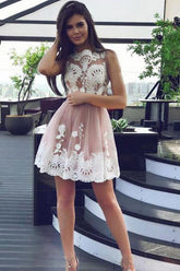 Cute Tulle Lace Up Sleeveless Homecoming Dresses with Appliques